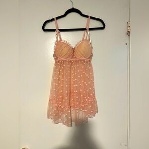 Romantic Sheer Pink Polka Dot Babydoll Lingerie – Size Large‎